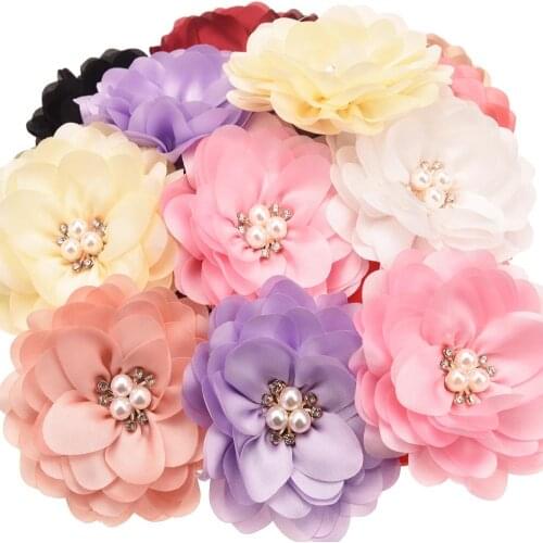 10PCS 3.2inch Smoot Chiffon Flower Rhinestone Cluster Hair Accessories for Girls Hair Bows Baby Kids Accessories