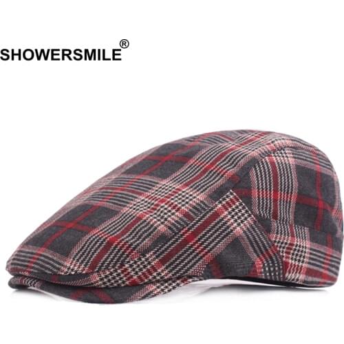 SHOWERSMILE Red Check Beret Hats for Men Women Plaid Flat Caps Cotton Berets Male Classic British Style Vintage Adjustable Hats