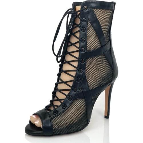 Women Latin Dance Boots Black Leather Bachata Salsa Dancing Shoes 10cm High Heel Ballroom Salsa Dance Shoes Sandals For Girls