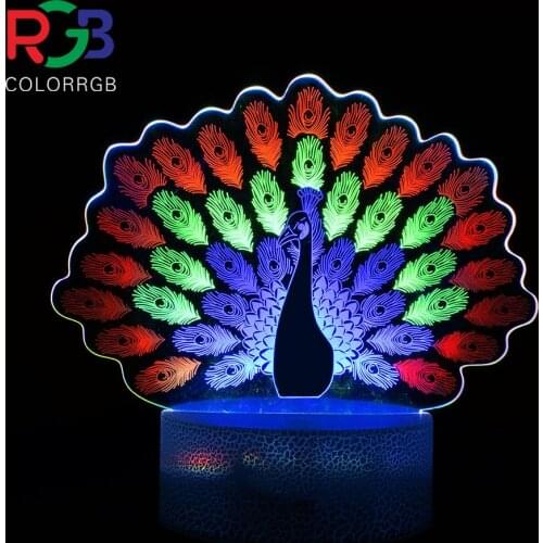ColorRGB,3D Night Light Peacock Illusion Lamp,Three-Color Touch Remote Control Creative Gift Desk lamp ,Birthday Gifts for Girls