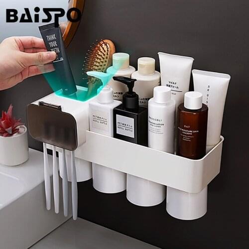 BAISPO Dust-proof Toothbrush Holders Magnetic Adsorption 4 Cups Waterproof Bathroom Organizer Wall Mounted Bathroom Accessories