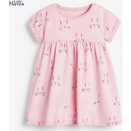 Little Maven New Summer Children Pink Bunny Rabbits Printed O-neck Girls 2-7yrs Short-Sleeved Cotton Knitted Cute Dresses