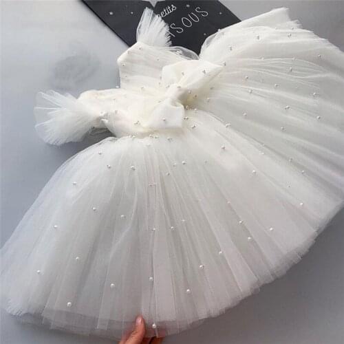 Ivory White Cute Tutu Baby Girl Dress Pearls Bow Flower Girl Dress Kids Clothes Children Birthday Party Dress 12m 18m 24m