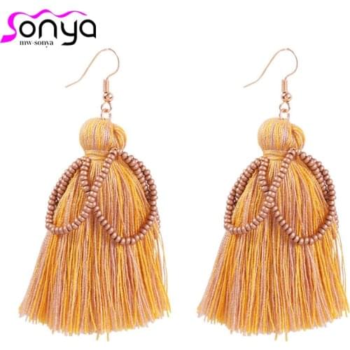 Bohemian National Wind Hit Color Cotton Thread Tassel Earrings Europe Personality Handmade Rice Beads Earrings ET1375
