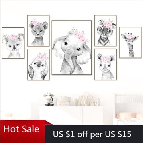 Koala Rabbit Tiger Lion Giraffe Pink Flower Canvas Painting Nordic Posters Prints Wall Art Decor Pictures For Kids Baby Room Dec