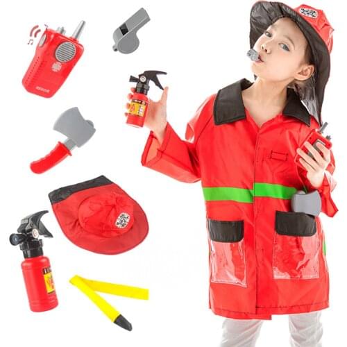 Fire Chief Role Play Costume Dress-Up Childrens Toys Fire Hat Clothes Water Gun Fire Fighting Tools Firefighter Toy Set