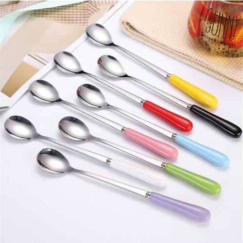 304 Stainless Steel Round Iced Cream Spoon Ceramic Handle Coffee Spoons for Household Restaurant Hotel Kitchen Accessories
