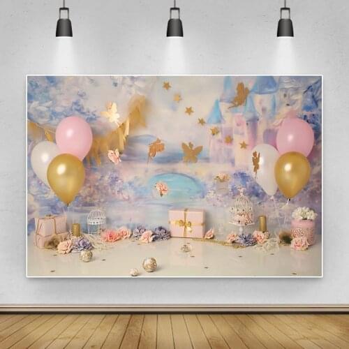 Laeacco Pink Balloons Castle Elf Girl Princess Baby Shower Photography Backdrop Birthday Banner For Photoshoot Studio Background