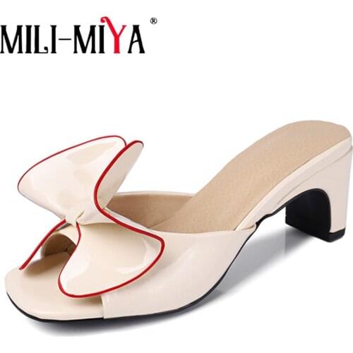 MILI-MIYA Large Size 34-44 Ladies Sandals Slip-On Butterfly-Knot Pu Leather Square Heels Slippers Women Party Summer Shoes
