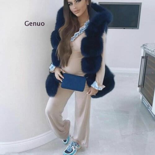 Fashion New Faux Fur Vest Women Hooded Medium-long Vertical Solid Color Stripe Coat Artificial Fox Fur Large Size Jacket