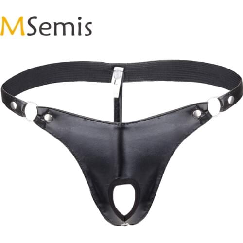 Men Lingerie Underwear Patent Leather Low Rise G-string Thong Bikini Underpants with Penis Hole Male Under Wear Panties