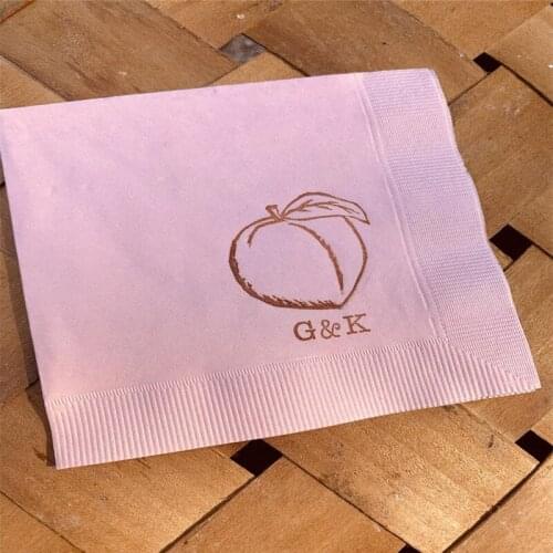 Personalized Peach Light Pink Wedding 3 ply Cocktail Napkins with Baby Name Birthday Party paper napkins blush with sepia ink