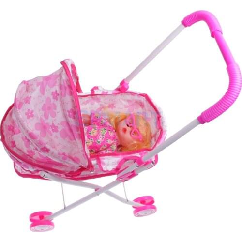 Plastic Doll Stroller w/ Baby Doll Children Play Pram Toy Kid Pretend Play Set Christmas Gift