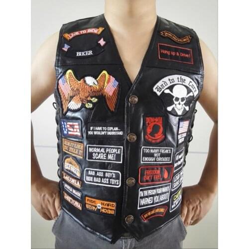 Genuine Mens Black Leather Motorcycle Vest w/ 42 Patches US Flag Eagle Biker Vests S-3XL