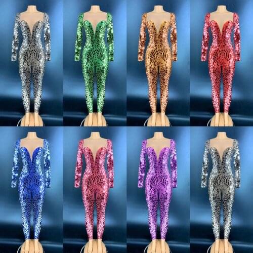7 Colors Red Mirror Transparent Chest Jumpsuit Prom Party Birthday Celebrate Outfit Women Bar Singer Dancer Outfit