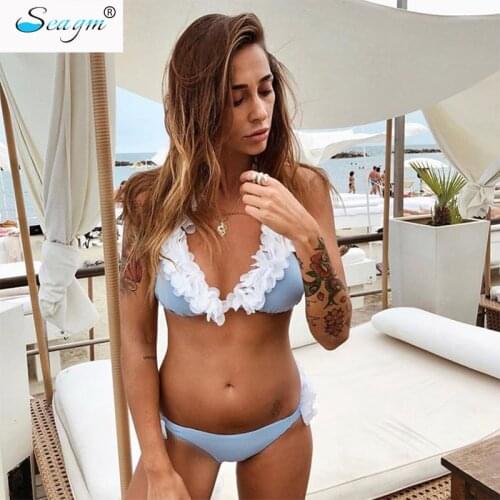 Sexy Thong Bikinis Women 2020 Floral Decoration Bikini Set Padded Bandage Swimsuit Swimwear Female Biquini Bathing Suit QC