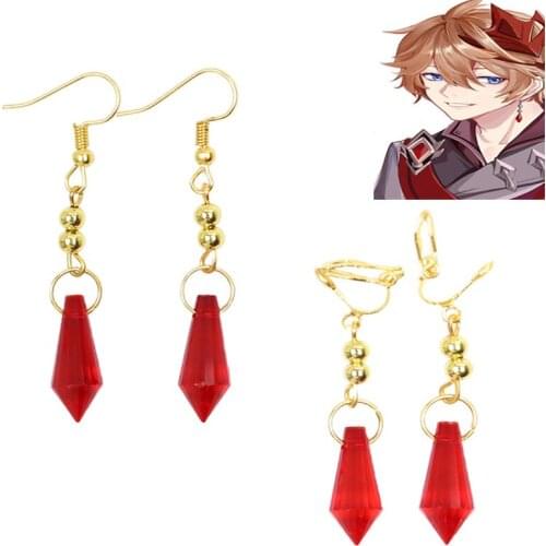 A Pair Game Genshin Impact Childe Tartaglia Earrings Red Crystal Water Drop Earring Ear Clip Cosplay Halloween Accessories Props