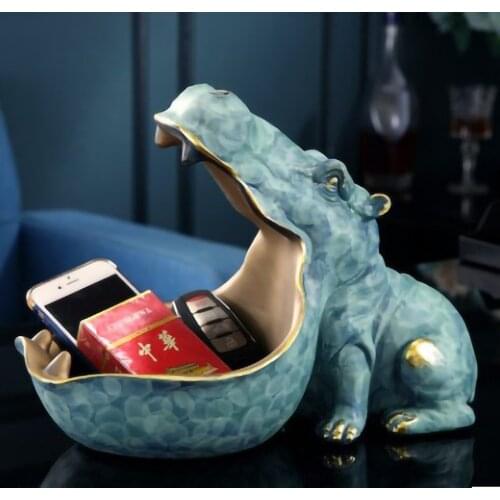 Hippo Resin Sculpture Figurine Big Mouth Key Candy Container Statue Desktop Ornaments Tableware For Home Decorations Accessories