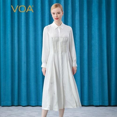 VOA Silk Jacquard Ivory White Straight Tube Single Breasted Organza Pair Stitching Embroidered Shirt Long Sleeve Dress AE682