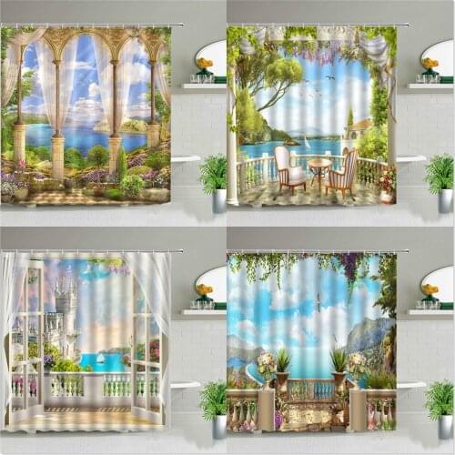 Ocean Scenery Shower Curtains Ldyllic Building Flower Plant Spring Landscape Bathroom Curtain Waterproof Fabric Bathtub Screen