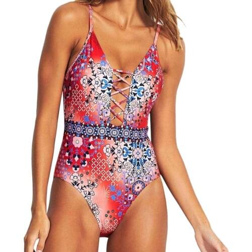 Female Bikini Sexy Hollow Open Back Cross One-Piece Swimsuit Red