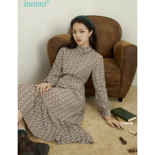 INMAN Womens Dress Autumn Vintage Wood Ear Stand Collar Collected Waist A-Line Long Sleeve Elegnat Floral One-Piece