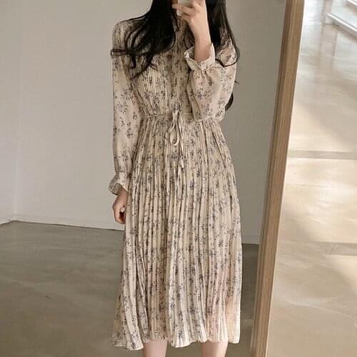 Women High Waist Floral Print Bandage Dress New Round Neck Long Puff Sleeve Loose Fashion Tide Spring Autumn 2021 Z504