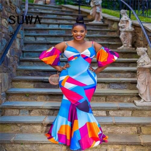 2020 Print Elegant Mermaid Party Dress Women Sexy Off Shoulder Short Sleeve Bandage Dress Summer Cut Out Backless Beach Dress