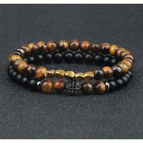 2Pcs/set Irregular Copper Bead Elastic Bracelet Lava Tiger Eye Black Matte Mental Couple Bracelets Jewelry For Lover Friend Gift