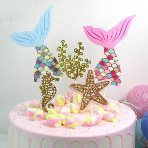 5pcs/set Ocean Cake Toppers Flags Cupcake Mermaid Seahorse starfish coral Cake Topper Kids Birthday Wedding Cake Wrapper Party