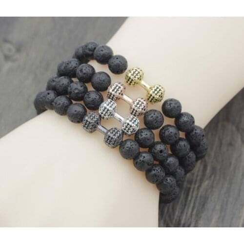 8mm jgh4 Dumbbell micro pave cz zircon elastic thread black volcanic lava Stone bead essential oils diffuser Bracelet Bangles