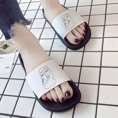 90s Girl Flat Shoes sandals 2021 Simple Slippers Stick figure woman head graphics Lady slippers Summer Sandals for woman mujer