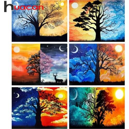 Huacan Diamond Painting With Square Rhinestones Tree Moon 5D Diamond Mosaic Landscape Cross Embroidery Kit Home Decoration