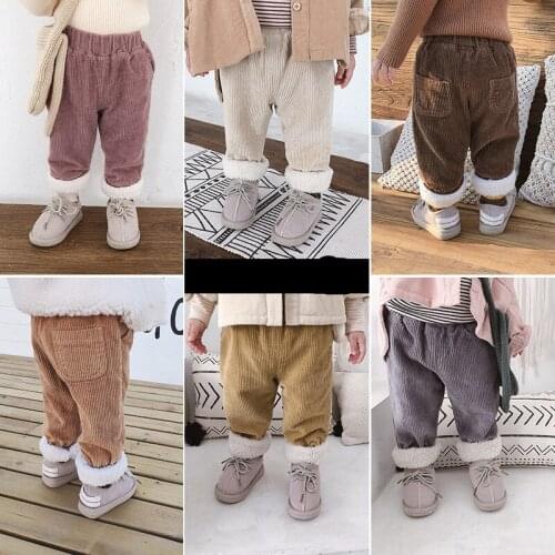 Autumn Winter New Toddler Kids Pants Korean Solid Plus Velvet Child Warm Trousers Baby Boys Girls Casual Thicken Corduroy Pants