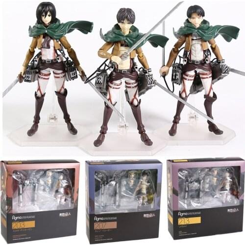 Attack on Titan Figma 207 Eren Jaeger 203 Mikasa Ackerman 213 Levi Ackerman Action Figure Joint Movable Model Brinquedos Toy