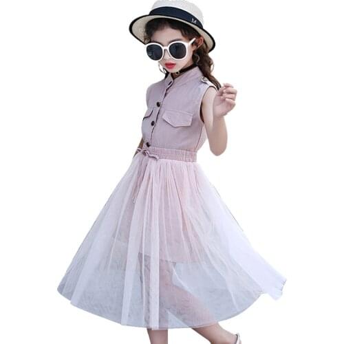 Kids Girls Clothes Set Solid Dress + Mesh Skirt Girl Summer Clothes Teenage Kids Children Clothing 6 8 10 12 13 14 Year