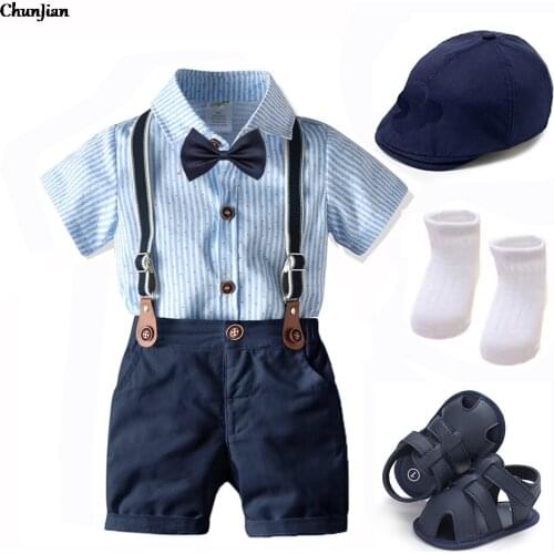 Baby Boy Clothing Sets Infants Newborn Boy Clothes Shirts Romper+Overalls+Hat+Socks+Slipper+Bow Tie 6pcs Summer Bebes Clothing