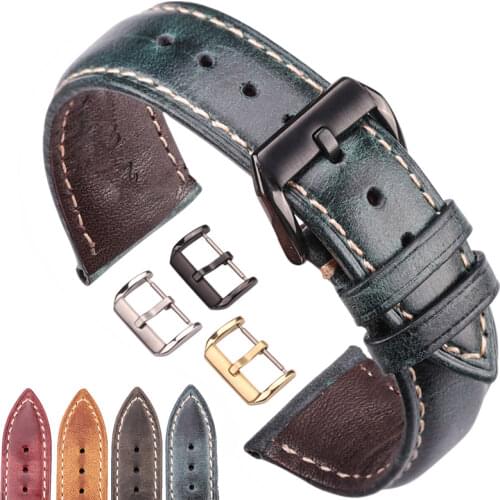 Oil Wax Genuine Leather Watchband Women Men Cowhide Watch Strap Band 18mm 20mm 22mm 24mm Clock Bracelet For Watches Metal Clasp