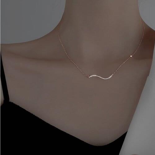 Minimalist Geometric Wave Cubic Zirconia 925 Sterling Silver Pendant Necklace For Women Luxury Simple