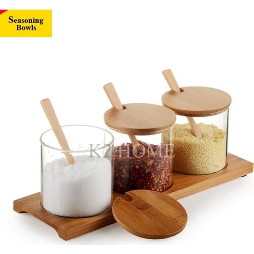 Set of 3 Glass Seasoning Rack Spice Pots Bowls With Spoon & Bamboo Holdet and Bamboo Cover - Storage Container Condiment Jars