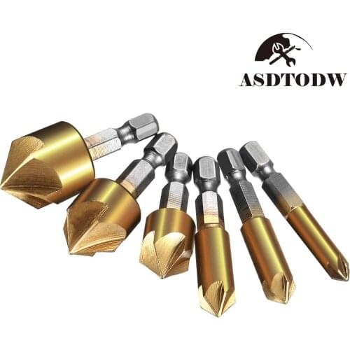 Countersink Drill Bit Set 1/4'' Hex Shank HSS 5 Flute Countersink 90 Degree Wood Chamfering Cutter Chamfer 6mm-19mm 6 Pcs