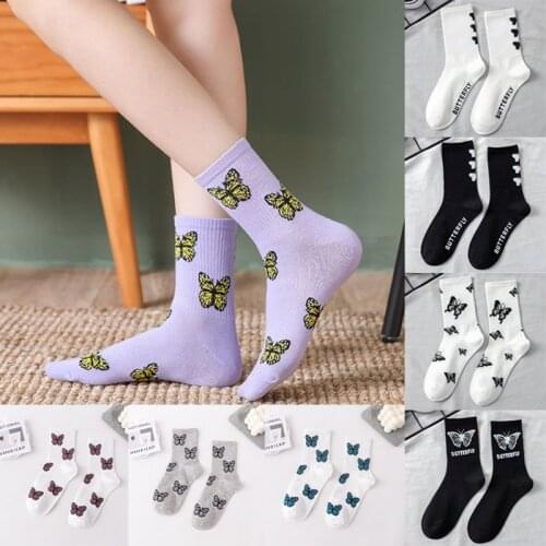 Socks Cotton Butterfly Black White socks women little girl socks Funny Cute Autumn Winter Sockken Female Happy Ins Trend Solid