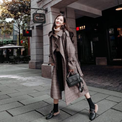 New Arrival Wool Trench Coat 2019 Fall Winter Women Tweed Plaid Slim Long Coat With Belt Female Overcoat manteatu femme f1564
