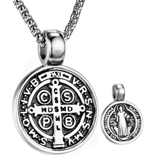 Vintage St Benedict Exorcism Women Men Necklace Round Pendant Stainless Steel 24Inch Chain Catholic Roman Cross Demon Necklaces