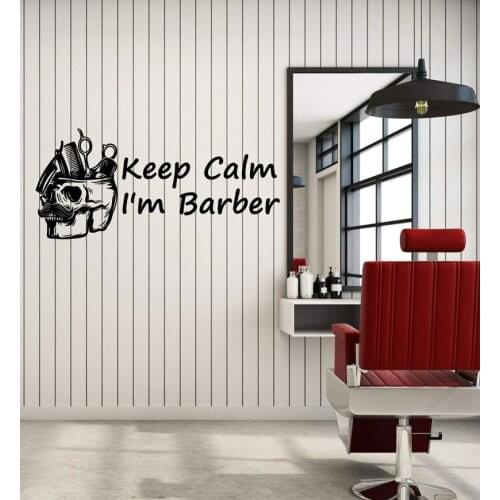 Skull head personalized slogan keep calm barber studio vinyl wall sticker salon barber shop sign window decoration sticker LF18