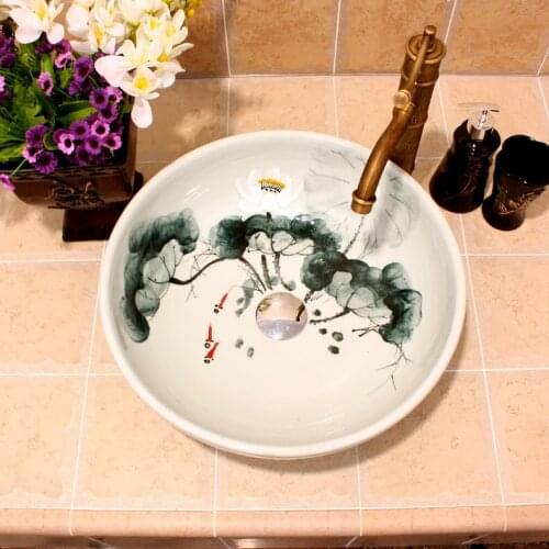 White Lotus Painting China Artistic Handmade Ceramic Bathroom Sinks Lavobo Round Counter top hand painted ceramic vessel sink