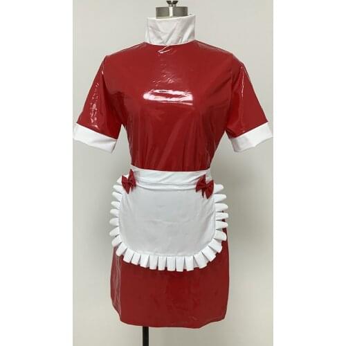 Sexy Women Shiny PVC Leather Short-Sleeve Mini Dress Plus Size Maid Outfit Anime Cosplay Costume with White Apron Exotic Dresses