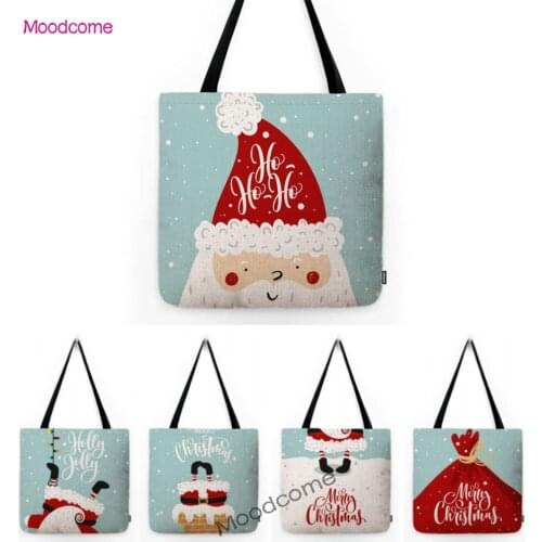 Funny Blue Santa Claus Cartoon Christmas Art Xmas Gift Lovely Cute Cotton Linen Tote Bag Waterproof Grocery Shoulder Bag Shopper