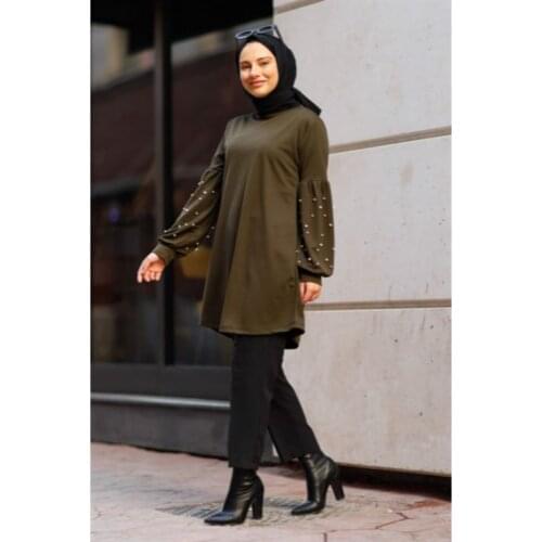 ‎Pearl Detailed Balloon Arm Tunic‎ Muslim Women Abaya İslamic Tunic Blouse Dubai Turkey 2021 Fashion Long sleeve Long Blouse