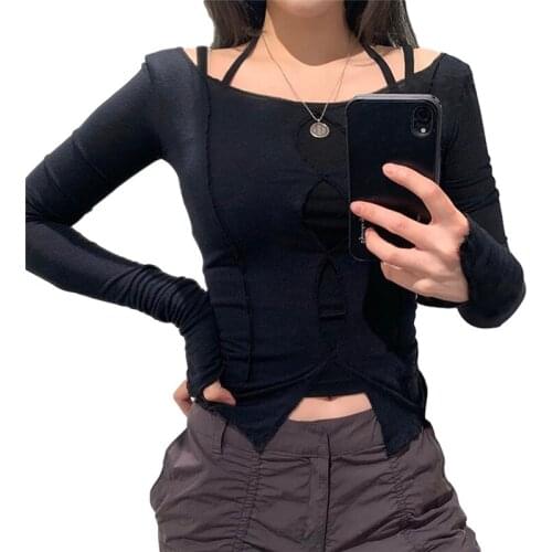 2021 Fashion Trend Women Sexy Long Sleeve Tops Off Shoulder Hollow Out Split Base Lady Solid Color Spring Slim T-shirt Tees